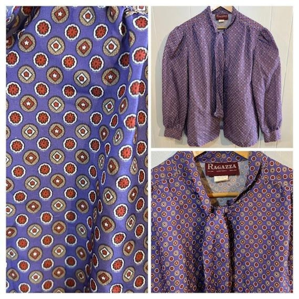 RAGAZZA Purple Geometric Print Bow Blouse Puff Sleeve Size 18